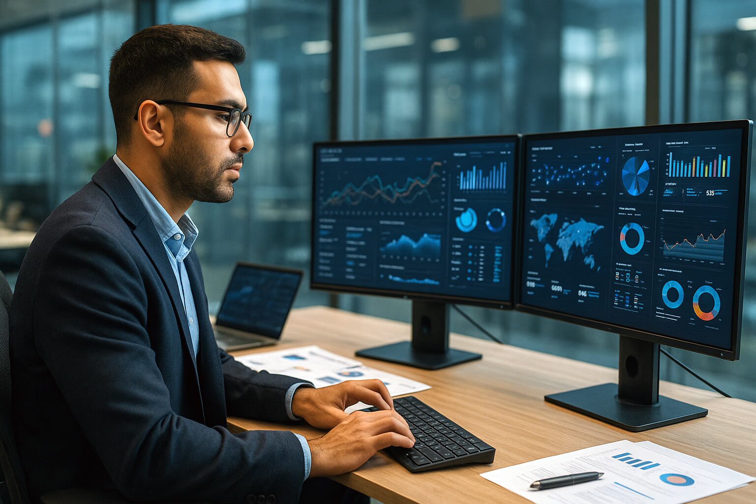 Analista de datos utilizando aplicaciones inteligentes en entorno corporativo Profesional analizando datos en una oficina moderna con pantallas múltiples y vista urbana al fondo.