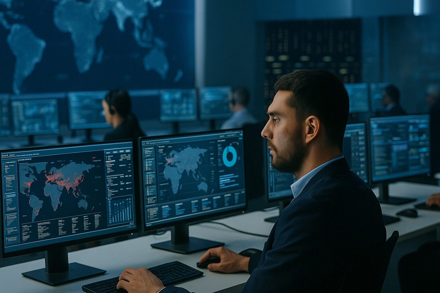 Centro de operaciones de ciberseguridad en 2025 Analista de ciberseguridad monitoreando mapas de amenazas globales en un centro de operaciones