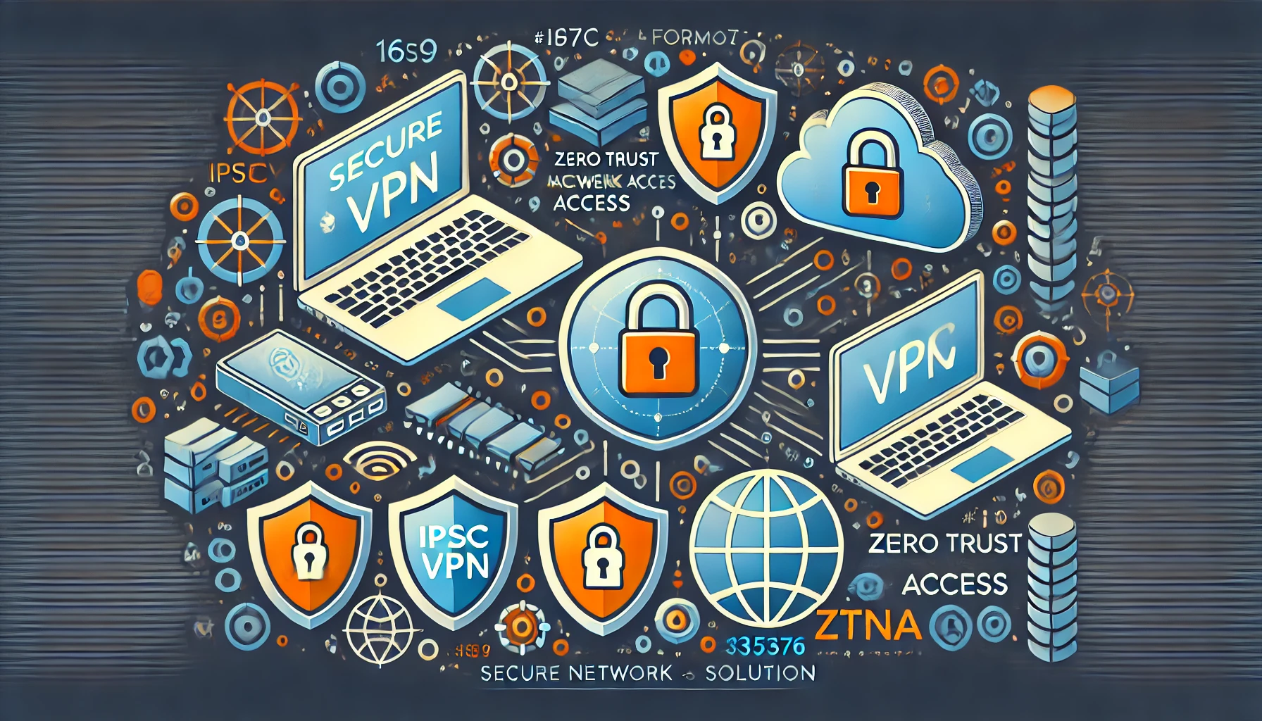 Representación gráfica de soluciones de acceso seguro en redes empresariales, destacando IPsec VPN y Zero Trust Network Access (ZTNA).