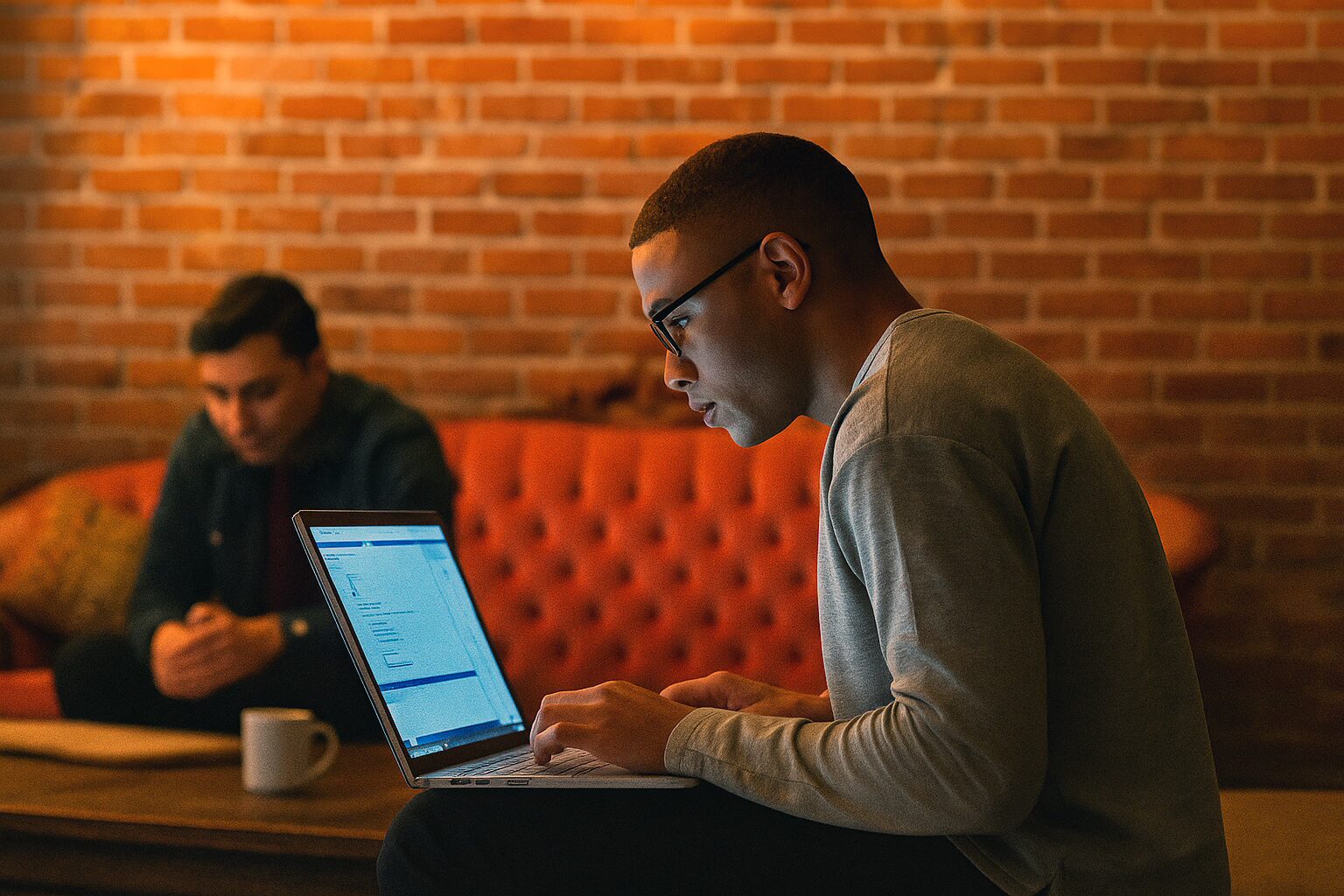 Profesionales trabajando con laptops en un entorno colaborativo y seguro Dos hombres trabajando en sus portátiles frente a una pared de ladrillo, enfocados y en un ambiente cálido.