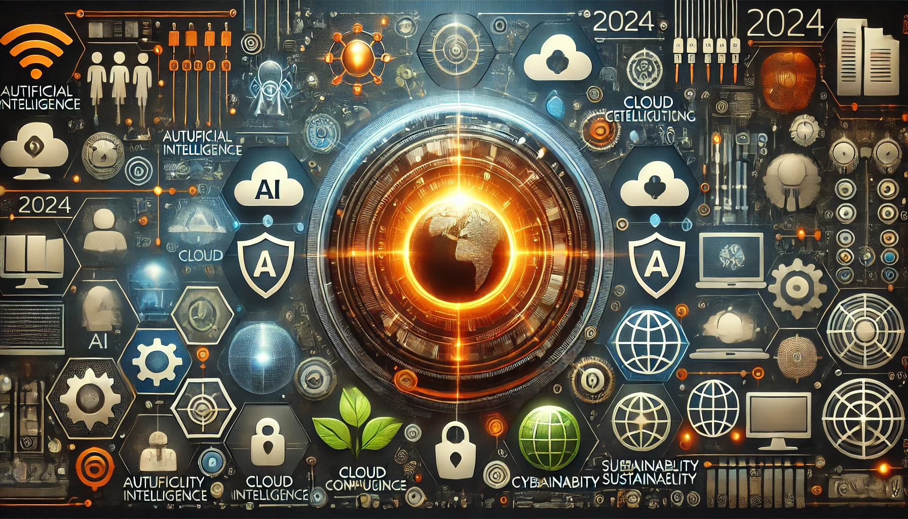 Representación de las principales tendencias tecnológicas para 2024, incluyendo inteligencia artificial, computación en la nube, ciberseguridad y sostenibilidad.