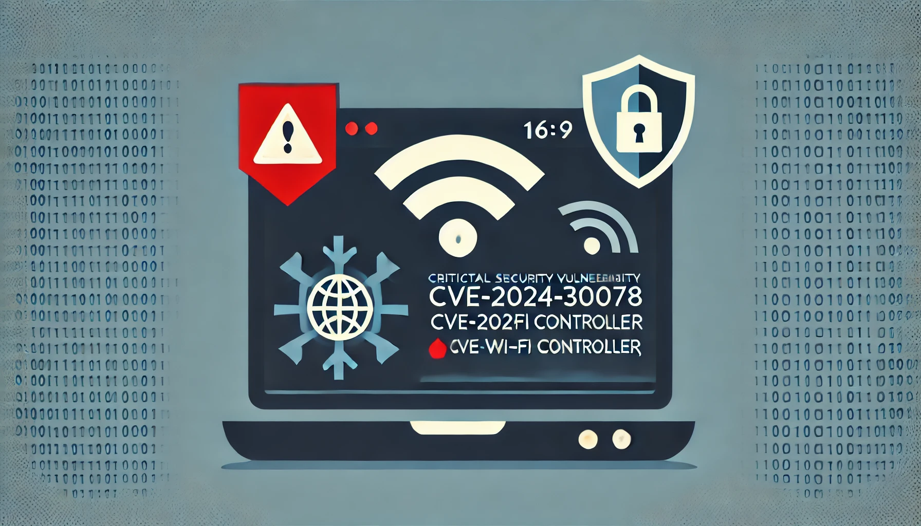 Imagen minimalista en formato 16:9 representando una vulnerabilidad crítica de seguridad (CVE-2024-30078) en el controlador Wi-Fi de Windows. Incluye un simple símbolo de advertencia y un ícono de Wi-Fi, con sutiles representaciones de medidas de seguridad como un escudo y un candado. La paleta de colores utiliza rojo para urgencia, junto con tonos de azul y gris para significar tecnología y seguridad.