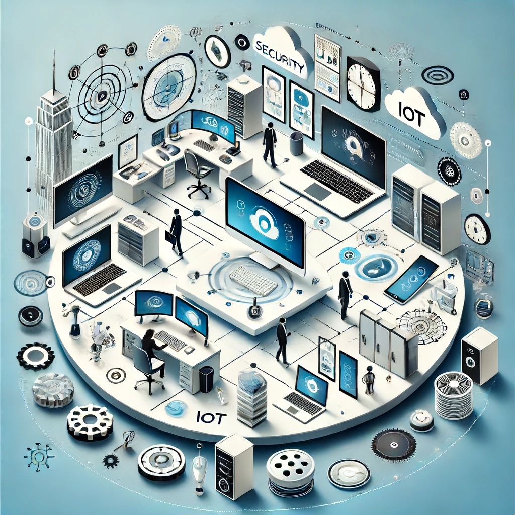 Evolución de la gestión de identidad y endpoints en empresas, mostrando una oficina moderna con diversos dispositivos tecnológicos.