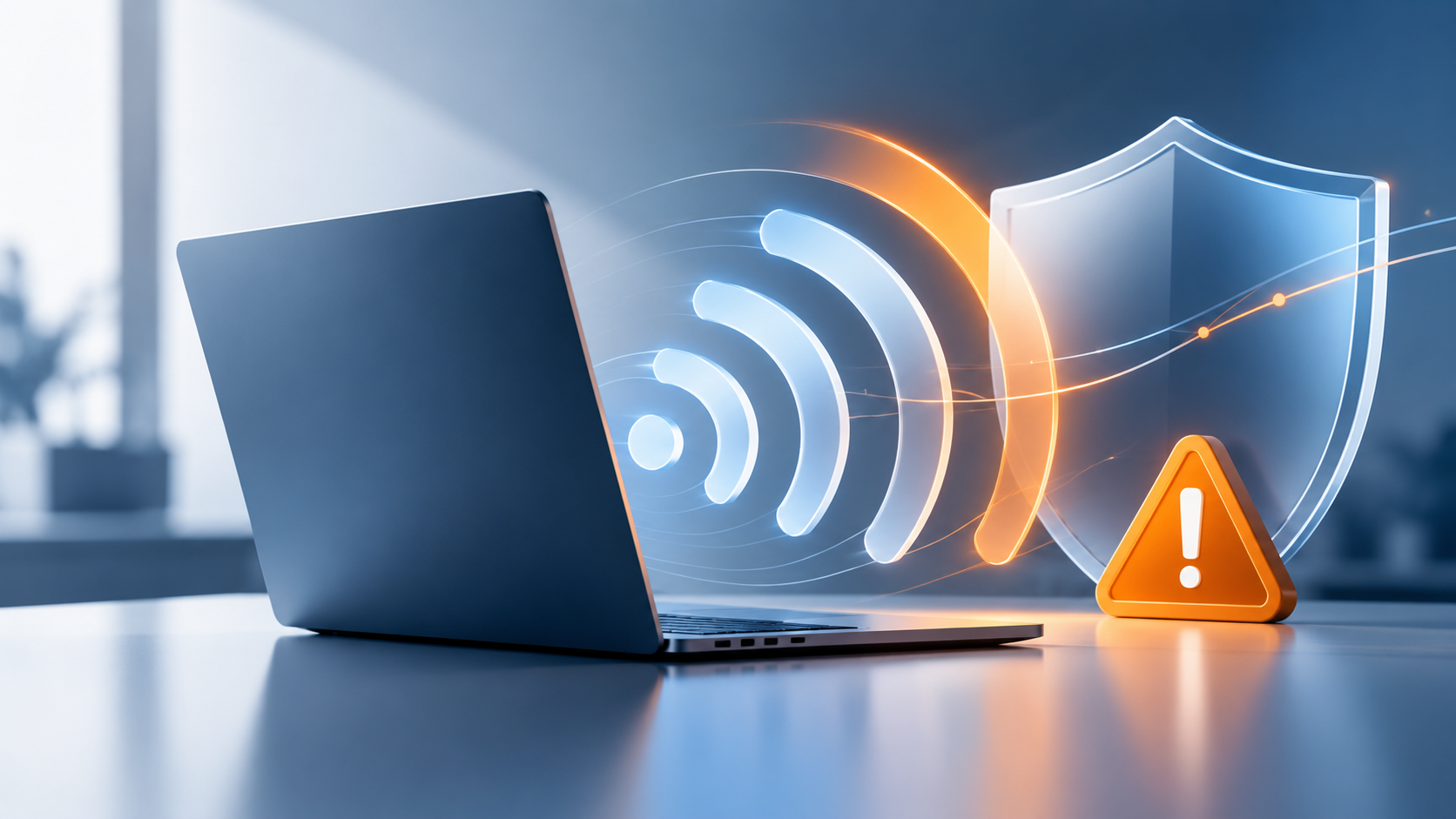 Ilustración de un portátil con señal Wi-Fi, escudo de seguridad y alerta.