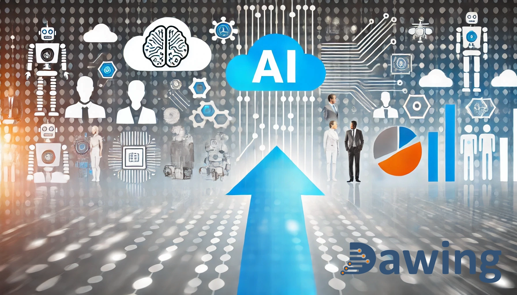 Imagen representando el uso de la inteligencia artificial (IA) para impulsar el crecimiento empresarial. Muestra elementos de tecnología moderna como computación en la nube, análisis de datos, y símbolos de IA. También incluye gráficos de crecimiento y personas colaborando e interactuando con tecnología. Utiliza una paleta de colores azul y naranja, junto con blanco y gris claro.