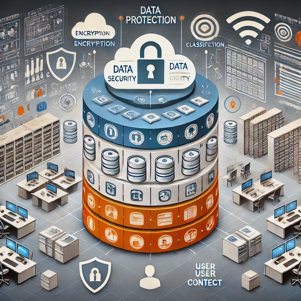 Imagen representando la seguridad integral de datos en una oficina moderna. Incluye símbolos de cifrado con iconos de candados, clasificación de datos con etiquetas y carpetas, y contexto del usuario con iconos de usuarios y escudos de seguridad. Elementos digitales como almacenamiento en la nube, candados y escudos de seguridad están presentes. Colores azul y naranja predominan en la imagen.